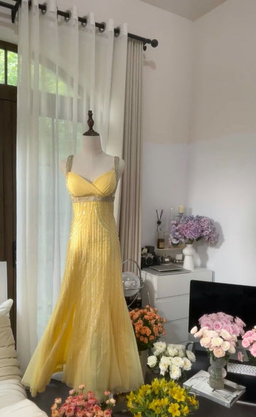 Yellow A Line Strap Beaded Sequin Chiffon Open Back Prom Dress Evening Dress HZ1023